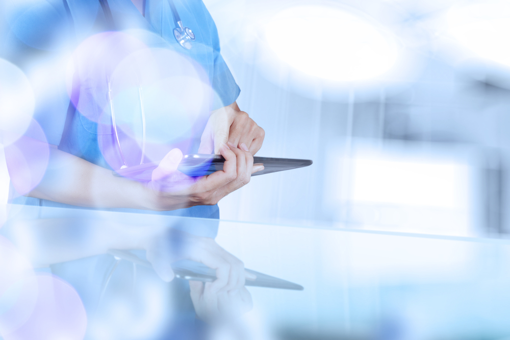 double exposure of success smart medical doctor working with abstract blurry bokeh  background as concept